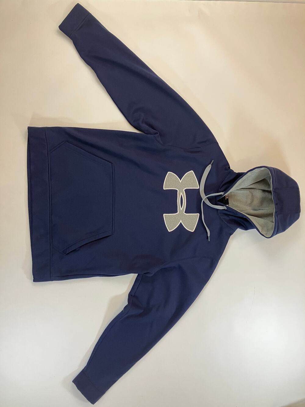 Under Armour Men M Navy Blue Big Logo Fleece Pullover Hoodie Loose Fit Kangaroo